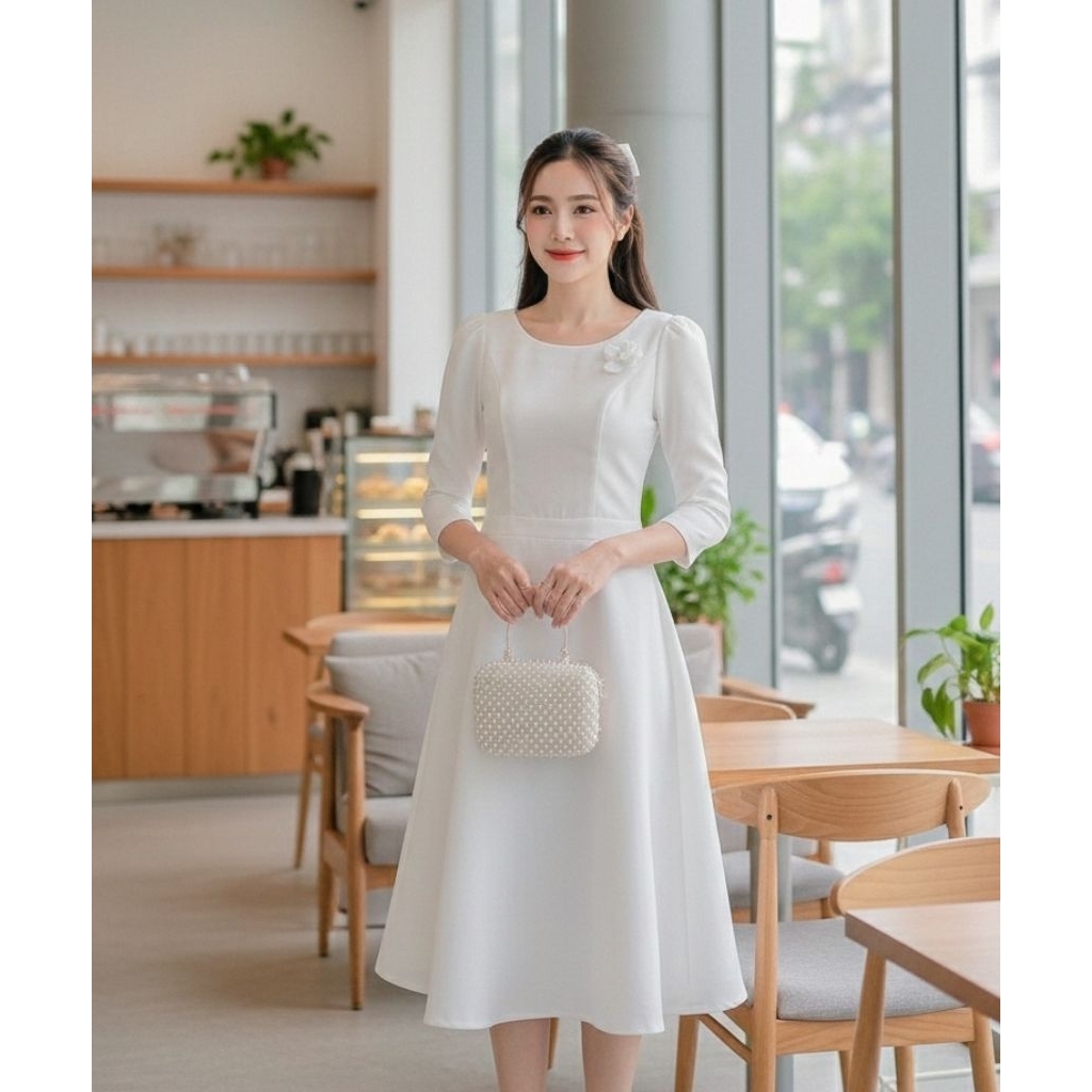 เดรสผ้าไหม 4 เส้น คอปาด กระโปรงบาน ไซส์ S-4XL ใส่ได้ทุกโอกาส ดูแพงหรู มุมมองที่ 2