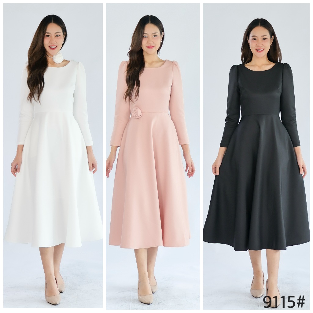 เดรสเพื่อนเจ้าสาว LX9115 ออนนี่ midi dress แขนยาว เข็มกลัดกุหลาบ ทรงเกาหลี ใส่ผอม มุมมองที่ 3