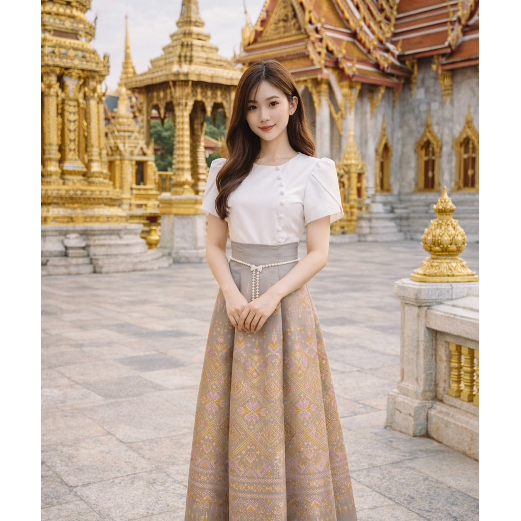 Sira Siri ชุดไทยทำบุญผ้าไหมอิตาลี สีขาวมุก เรียบหรู งานบวช แฟนนาค รุ่นลิซ่า มุมมองที่ 3