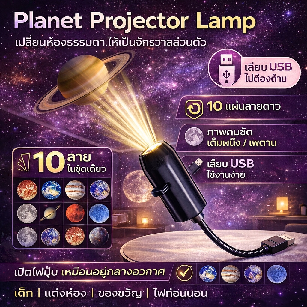 ตื่นเต้น ทุกคืน โคมไฟโปรเจคเตอร์ดาว Planet Projector Lamp เสียบ USB ...