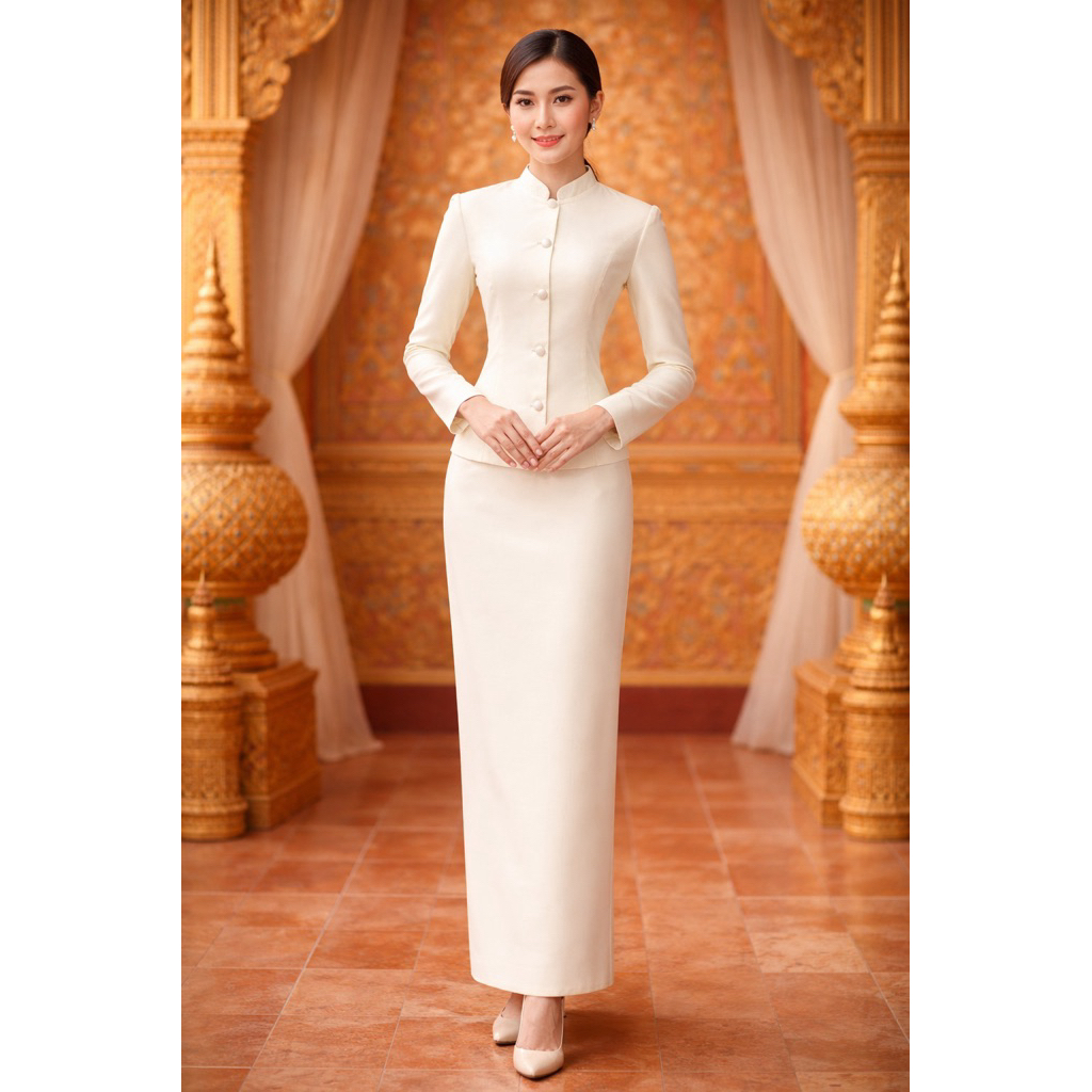 ชุดไทยจิตรลดา ไหมแพรทิพย์ สีขาวงาช้าง ทรงสวย ไม่ย้วย ใส่แล้วสง่า มุมมองที่ 4