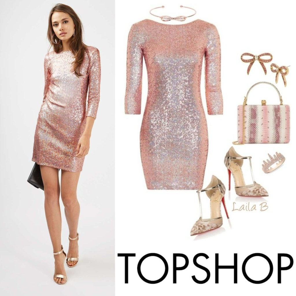 topshop rose gold sequin dress mini with 3/4 sleeve Scoop Neck Evening gown