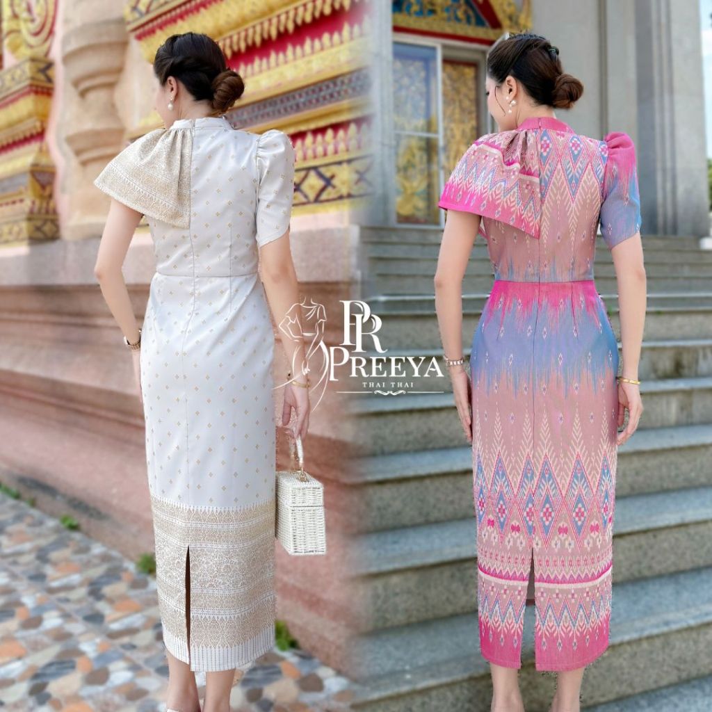 เดรสผ้าฝ้ายทอลายพลอยพรรณ อัดกาวทั้งชุด ชุดไทย Preeya PR156 ทรงสวยเข้ารูป ไซส์S-2XL มุมมองที่ 4