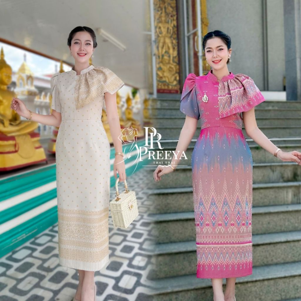 เดรสผ้าฝ้ายทอลายพลอยพรรณ อัดกาวทั้งชุด ชุดไทย Preeya PR156 ทรงสวยเข้ารูป ไซส์S-2XL มุมมองที่ 3