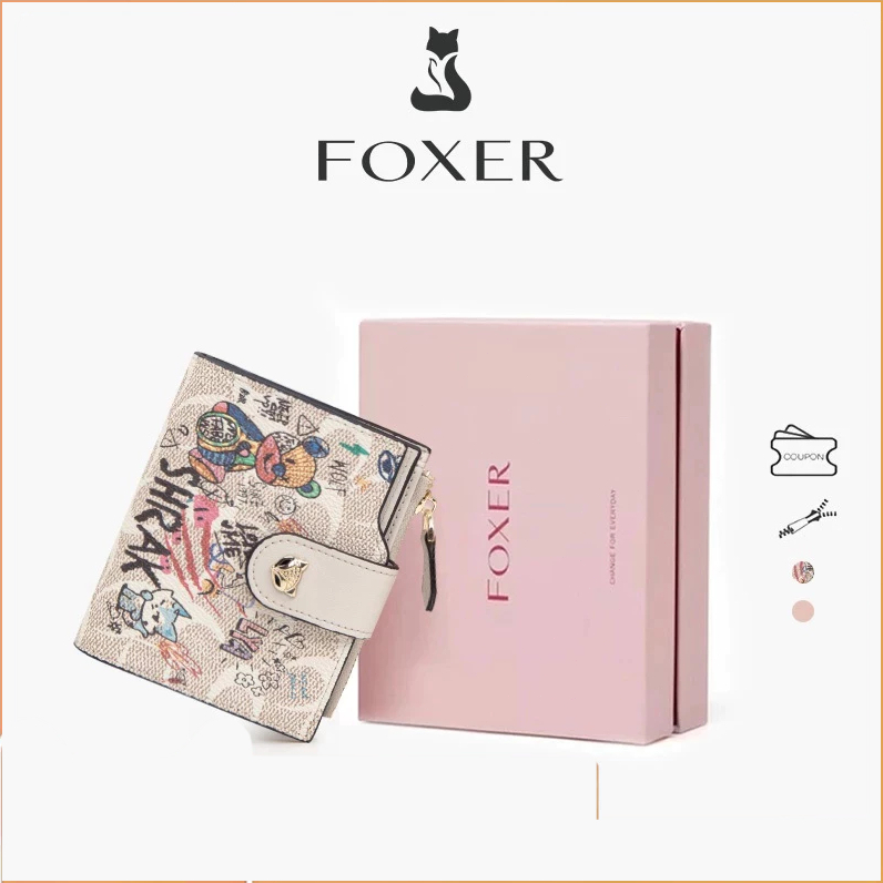 FOXER กระเป๋าสตางค์ลายกราฟฟิตี้, กระเป๋าสตางค์สั้นใส่บัตรได้หลายช่อง, ที่ใส่ตั๋วแบบพับได้, กระเป๋าใส่เหรียญลายการ์ตูน