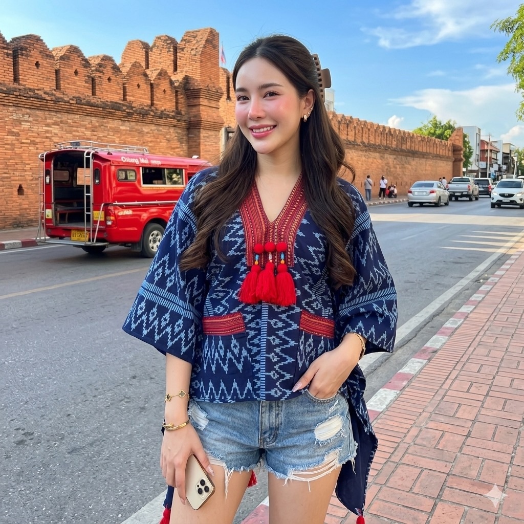 LANNA – เสื้อหน้าสั้นหลังยาวทรงค้างคาว ผ้าฝ้ายพิมพ์ลาย เสื้อผู้หญิงทรงหลวม ใส่ได้ทั้งคนผอมคนอ้วนค่ะ