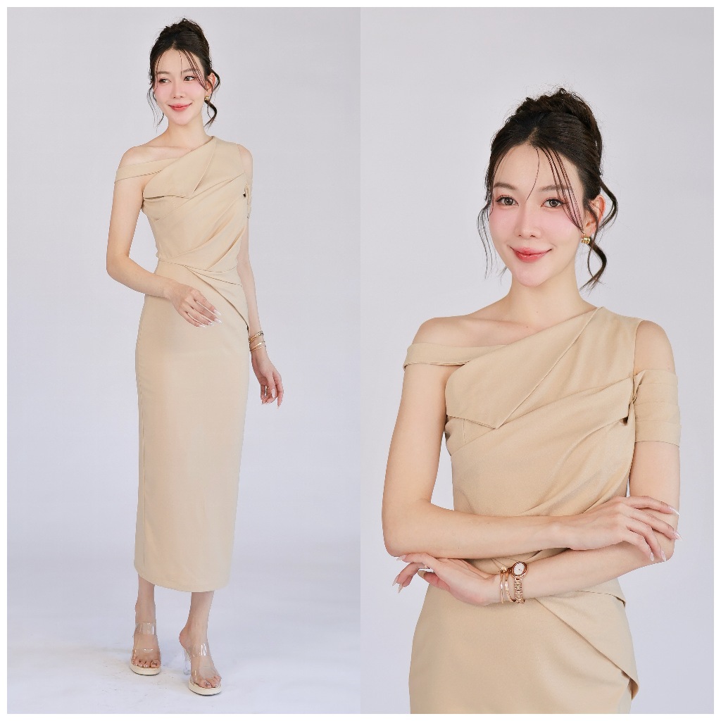 FN2106 เดรสชีฟองไหล่เฉียงเดรปเอว ไปงานแต่ง เพื่อนเจ้าสาว สีสวยทันสมัย ไซส์ S-XL มุมมองที่ 4