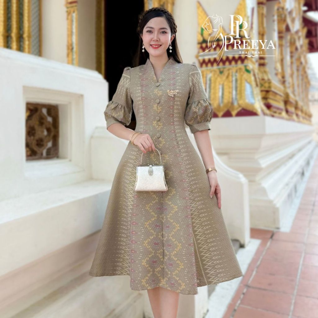 เดรสผ้าฝ้ายทอลพบุรี อัดกาวเนี๊ยบ สีธรรมชาติ พรางพุง ใส่สบายทุกวัน Preeya PR173 มุมมองที่ 2
