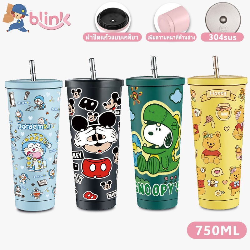 750ML แก้วเก็บอุณหภูมิ 304 สแตนเลสแก้วน้ำ เก็บร้อน-เย็น แก้วพร้อมหลอด แก้วน้ำเก็บความเย็น แบบพกพา พร้อมหลอดและฝาปิด