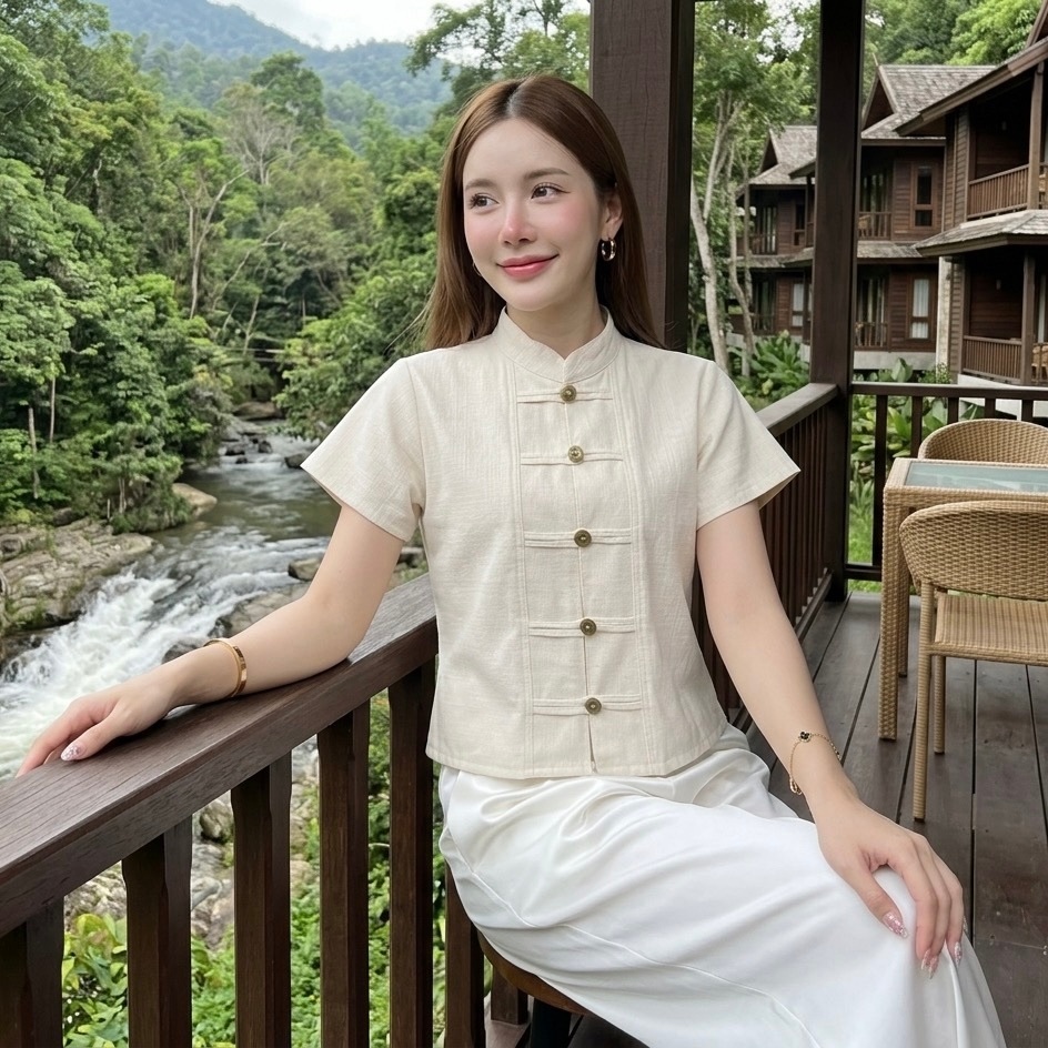 LANNA – เสื้อคอจีนแขนสั้น กระดุมเหรียญ เสื้อผู้หญิงผ้าฝ้ายชินมัย ทรงสวยใส่สบายค่ะ