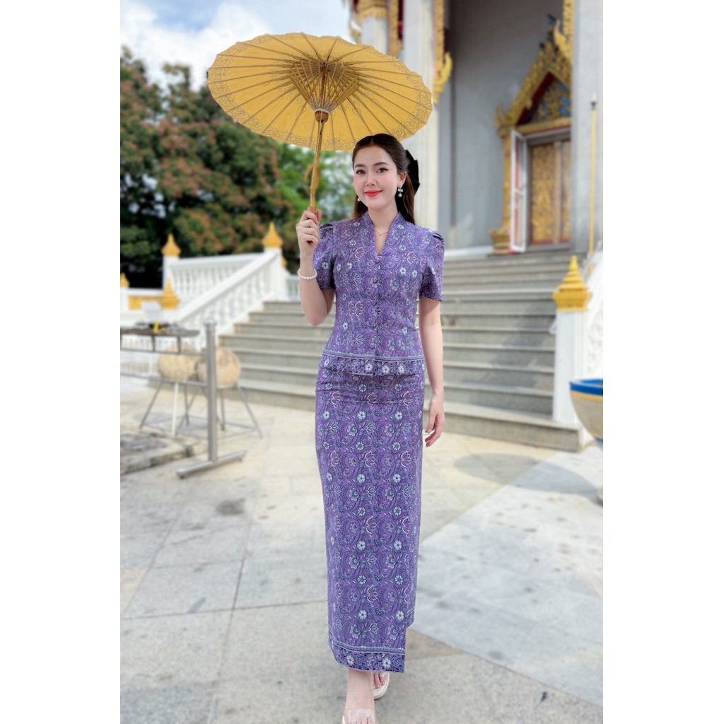 เซตชุดไทยปาเต๊ะสีเผือก เสื้อ+ผ้าถุง Cotton คอปีน เรียบหรูดูแพง พร้อมส่ง มุมมองที่ 2