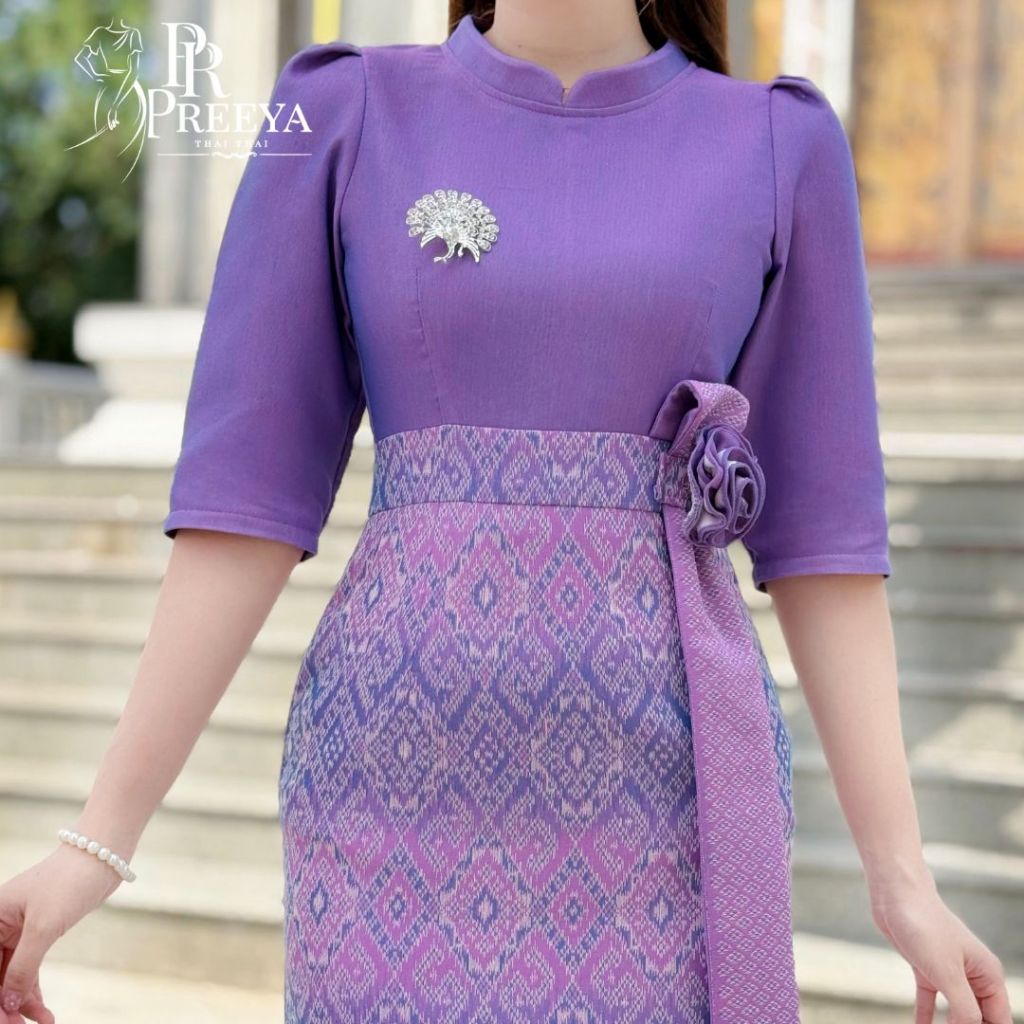 PR185 ชุดเดรสผ้าทอมัดหมี่ฝ้ายคราม ใส่สบาย ทรงสวย ไซส์ S-2XL แบรนด์ Preeya มุมมองที่ 5