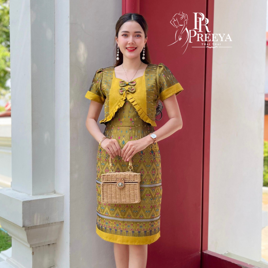 PR73 เดรสผ้าไหมแกมฝ้ายทอลาย อัดกาวทั้งชุด ชุดไทย Preeya ใส่แล้วขับผิว ดูแพง มุมมองที่ 4