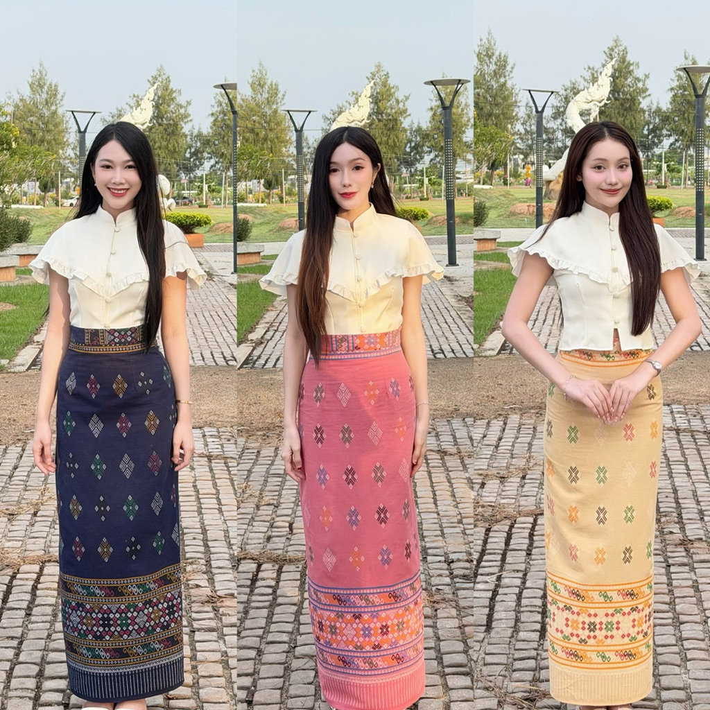 ชุดเซต เสื้อทรงเครปญี่ปุ่นแต่งระบาย กระโปรงทรงสอบ ผ่าหลัง(ผ้าฝ้ายพิมพ์ลาย)