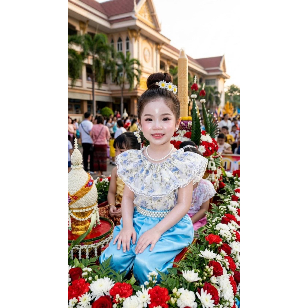 ชุดไทยเด็กผู้หญิงคอระบายลูกไม้ใส่ทำบุญไปโรงเรียนน่ารักสุดๆ ไซส์ S-XL มุมมองที่ 4