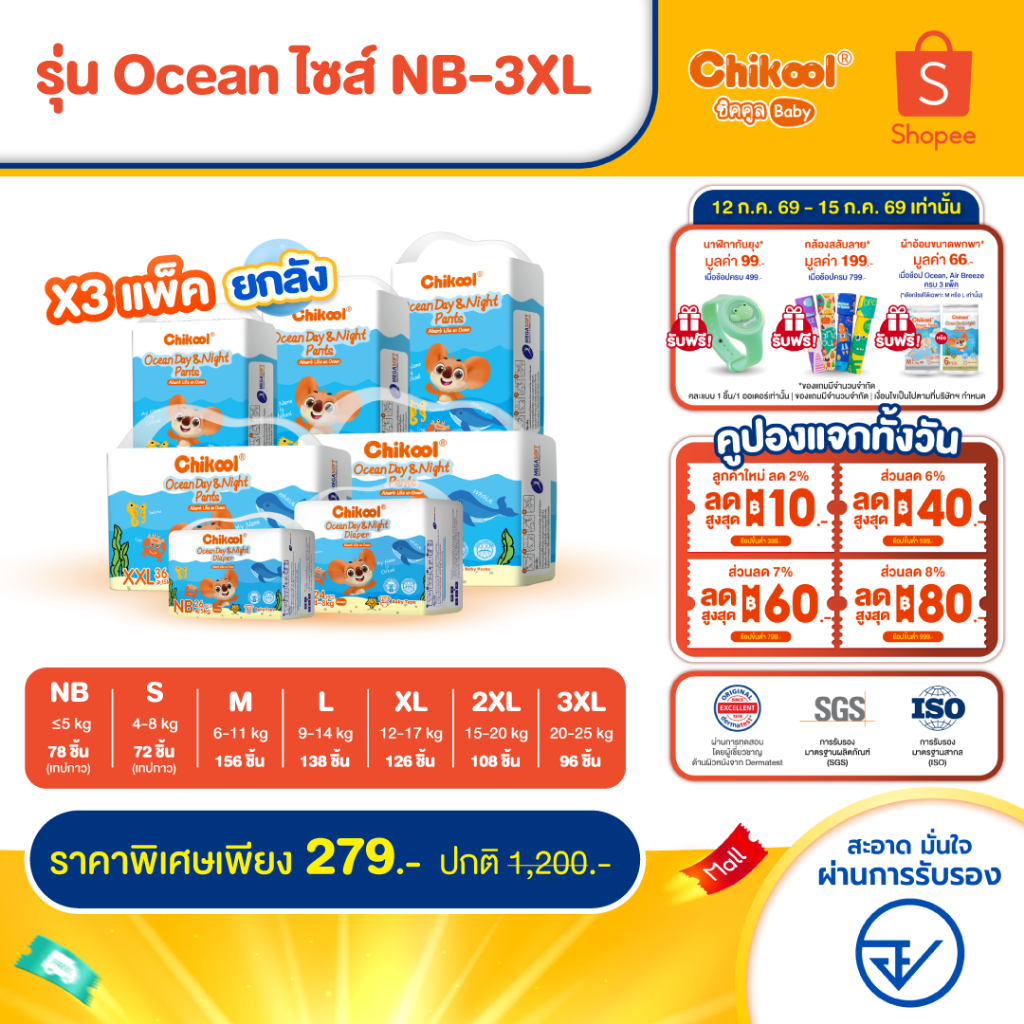 [ขายยกลัง x3 แพ็ค] Chikool Ocean Day&Night Pants ชิคคูล กางเกงผ้าอ้อมเด็ก โอเชียน เดย์&ไนท์ ไซส์ NB-3XL