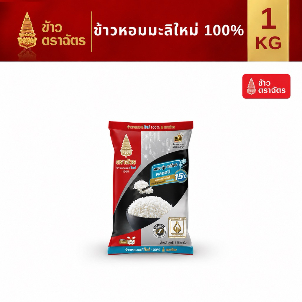 ข้าวหอมมะลิใหม่ 1 กิโลกรัม ตราฉัตรดำแดง กลิ่นหอม นุ่ม อร่อย