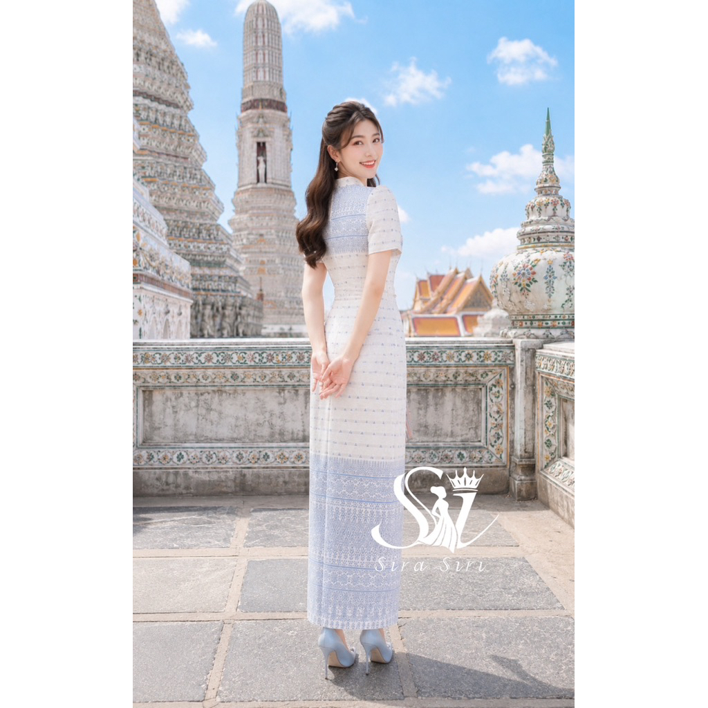 ชุดไทยสงกรานต์ SIRA SIRI ผ้าทอขาวฟ้า เสื้อคอวีโบว์ไหล่ พร้อมผ้าถุงสำเร็จรูป มุมมองที่ 3