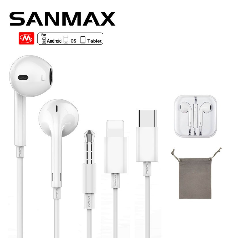 Sanmax หูฟัง ไม่ต้องใช้บลูทูธ เสียงดี มีไมโครโฟนในตัว อินเตอร์เฟซ 3.5mm Typec ฟซสายฟ้า สำหรับ os Android
