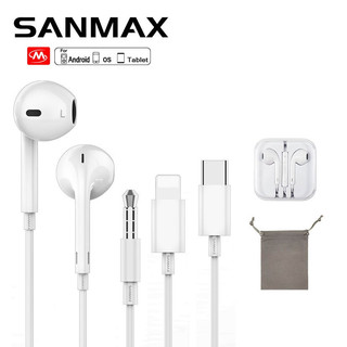 Sanmax tai nghe không cần Bluetooth, âm thanh tốt, có mic tích hợp, giao diện 3.5mm Type‑C, cáp sạc nhanh, cho hệ điều hành Android