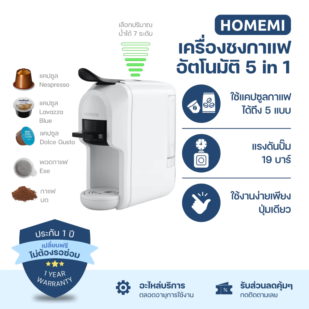 Homemi เครื่องชงกาแฟแคปซูล สําหรับ Nespresso Dolce Gusto Lavazza Blue Ese Pod และผงกาแฟ (HM0097-P-WH)