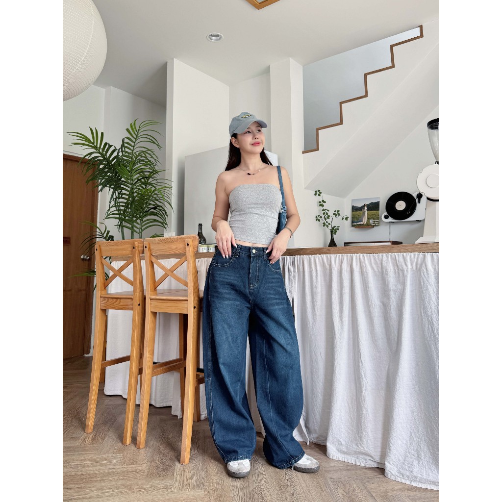 HELLDUL 9902 กางเกงยีนส์เอวสูง ขากระบอกใหญ่ เอวเข้ารูป ใส่สบาย ผ้าไม่บาดผิว - 3