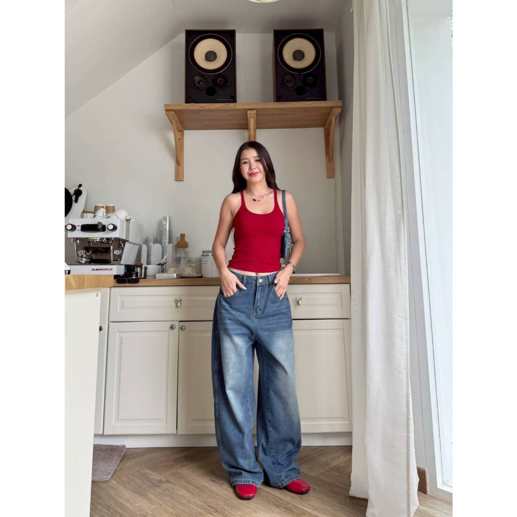 HELLDUL 9902 กางเกงยีนส์เอวสูง ขากระบอกใหญ่ เอวเข้ารูป ใส่สบาย ผ้าไม่บาดผิว - 2