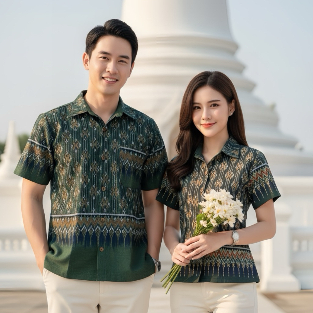 เสื้อคู่ คอเชิ้ต ชาย/หญิง ลายไทยพื้นเมือง สีเขียว | Shopee Thailand