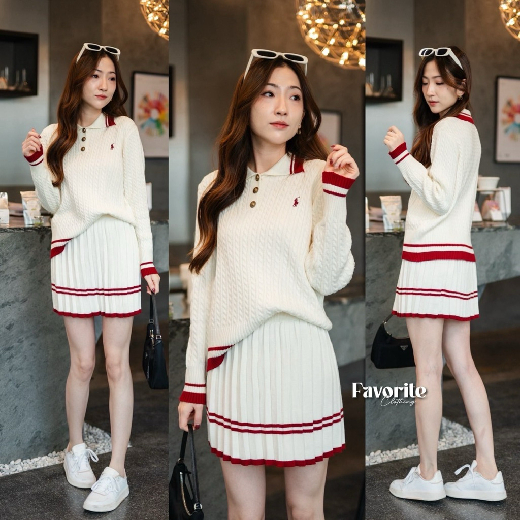 🌈🌿🌺🌼🌸💙🤍 ️🇰🇷 Knit Polo Long Sleeve oTop&Pleat Short Skirt Set | Shopee ...