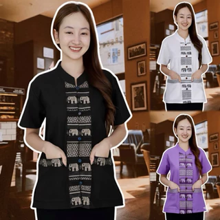 เสื้อลายช้าง ผ่าหน้า5กระดุมครบสี(13สี)ส่งจากไทย เชียงราย photo
