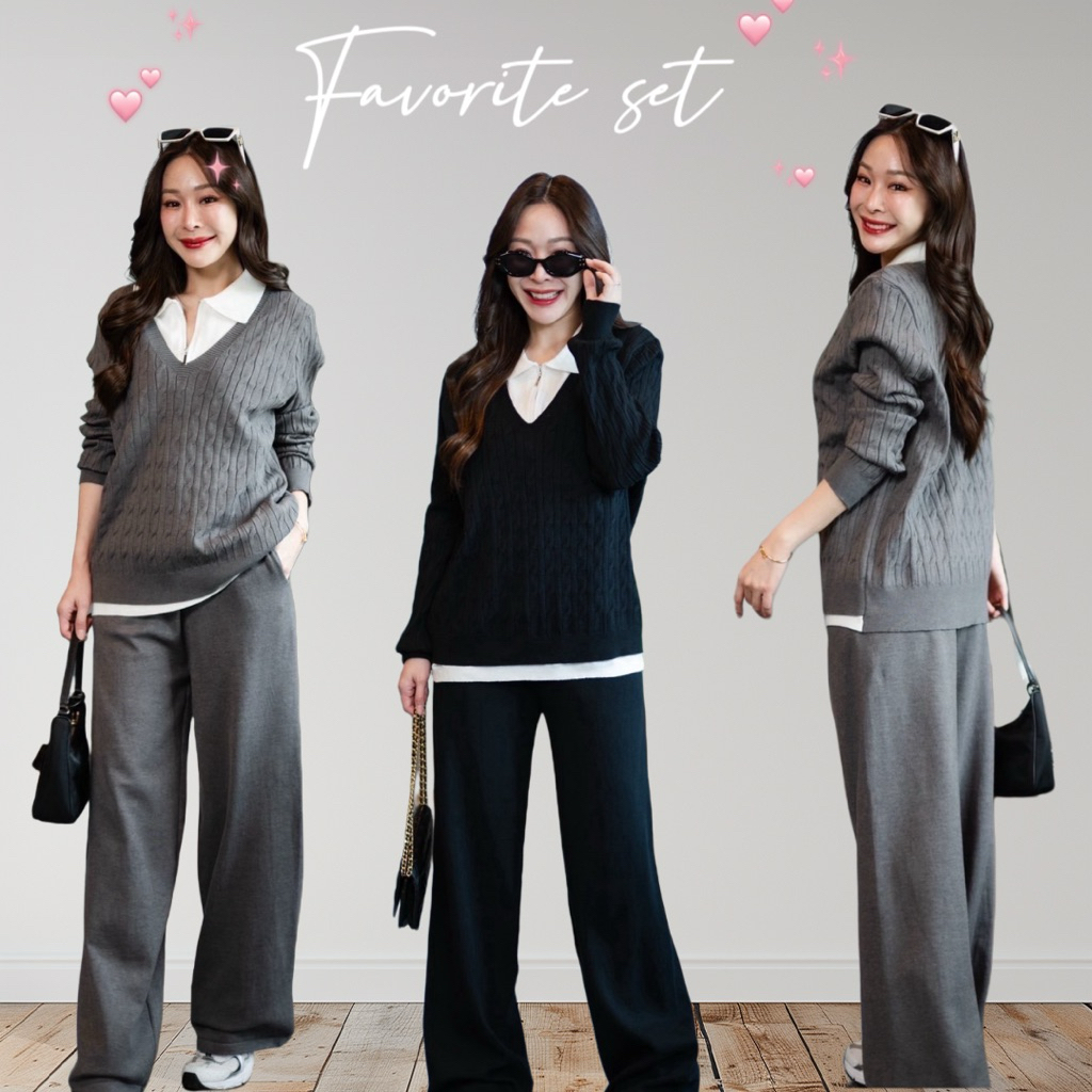 Favorite • Set เสื้อไหมพรมคอปกแขนยาวซิปหน้า มาพร้อมกางเกงขายาว | Shopee ...