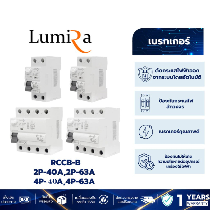 Lumira RCCB Type B เบรกเกอร์กันไฟรั่ว 2P/4P 40A–63A ปลอดภัยมาตรฐานสูง ...