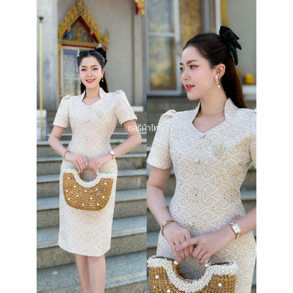เดรสคอปีนลายไทย ผ้าฝ้ายครามทอ ใส่สบายทุกวัน ทรงสวยไม่ยับ