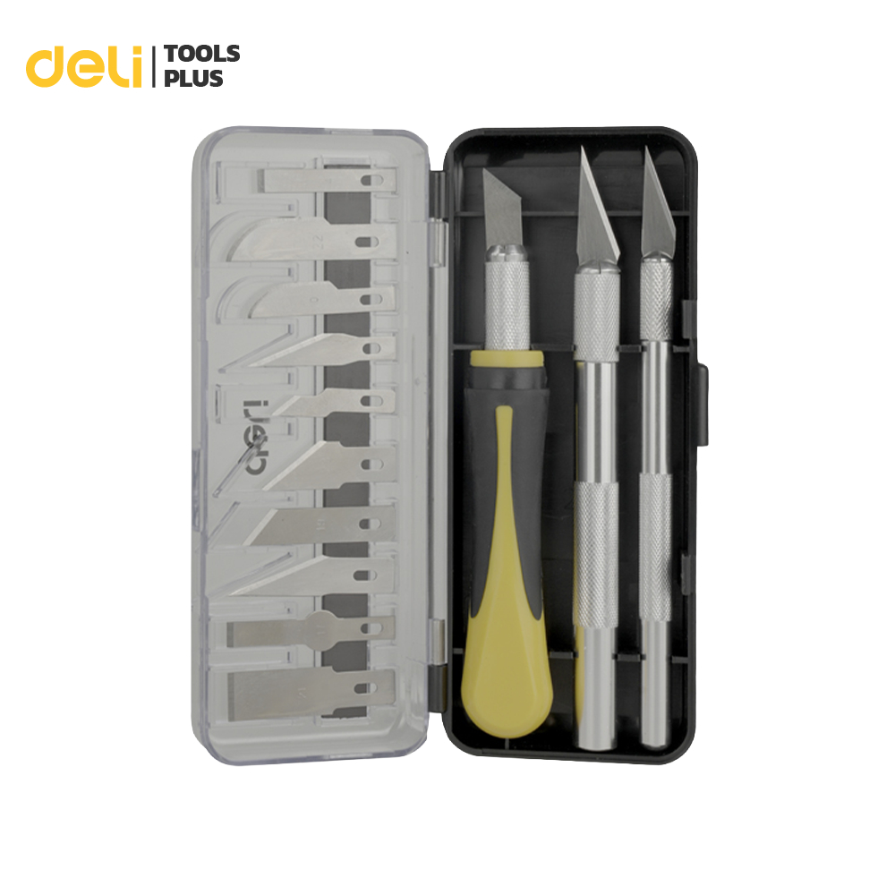 Deli ชุดใบมีดอเนกประสงค์ มีดเหล็กSK5 ชุดอุปกรณ์อเนกประสงค์ 16 ชิ้น ชุดแกะสลัก carving knife set yellow