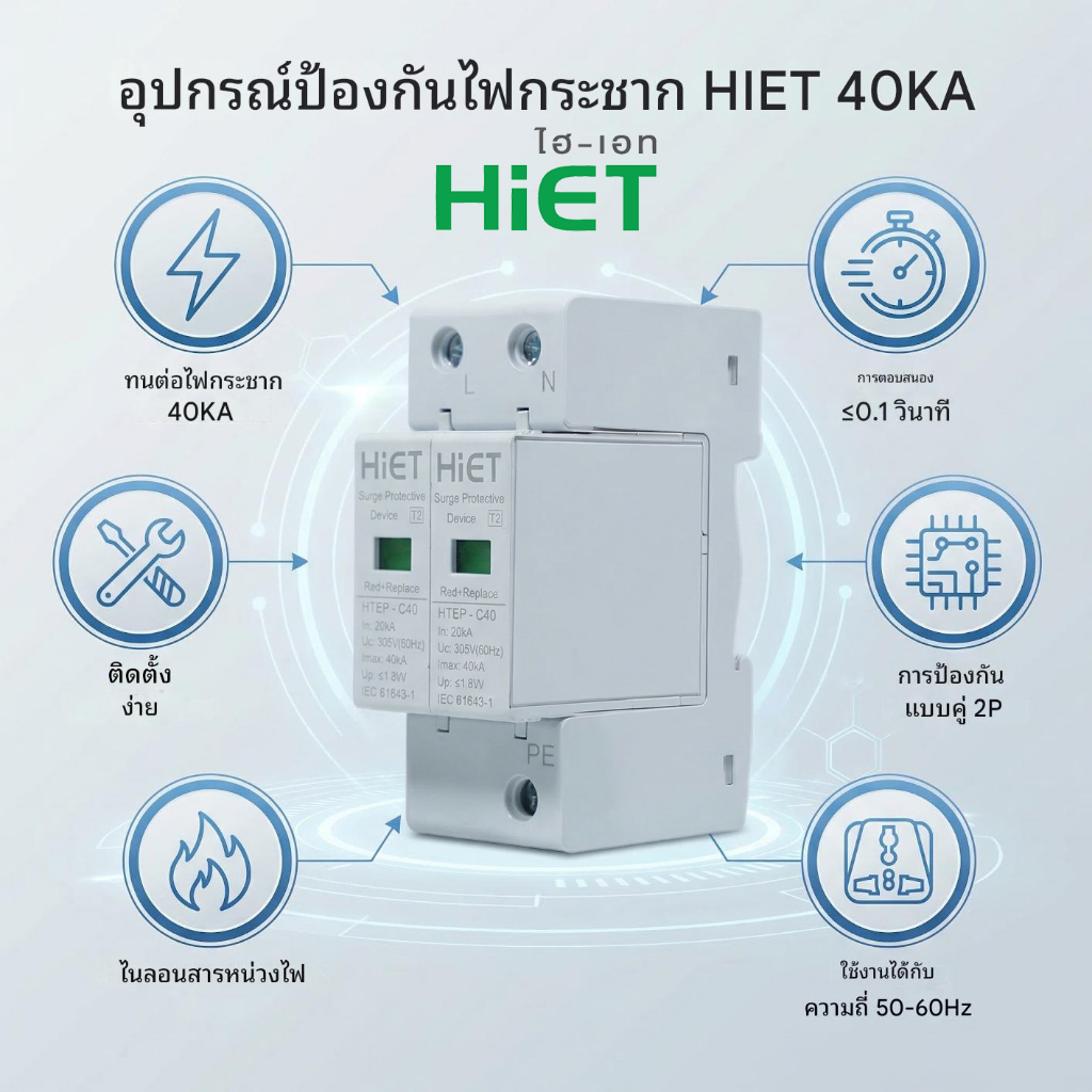 HiET SURGE PROTECTOR กันฟ้าผ่า AC 2P 40kA อุปกรณ์ป้องกันฟ้าผ่า Surge ...
