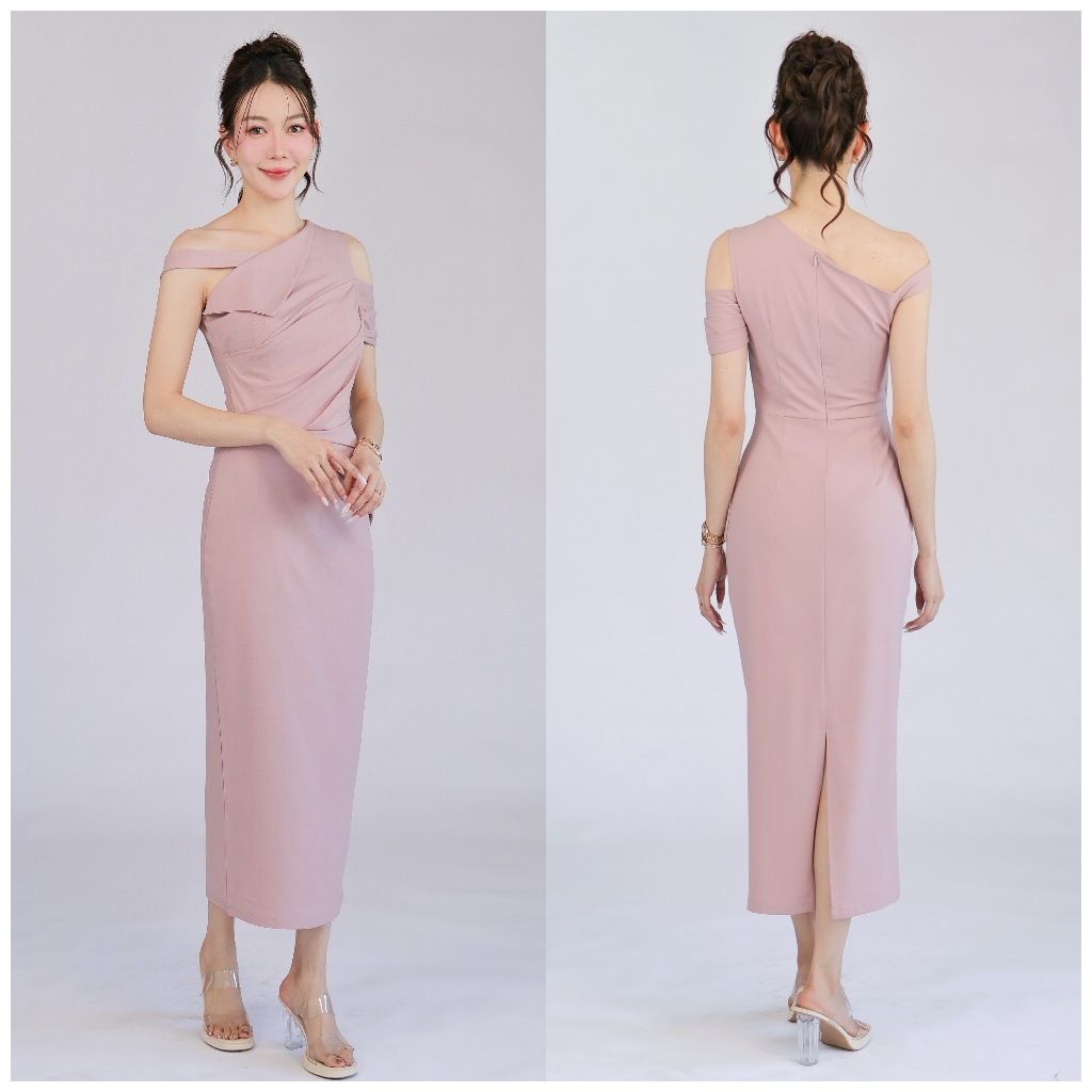 FN2106 เดรสชีฟองไหล่เฉียงเดรปเอว ไปงานแต่ง เพื่อนเจ้าสาว สีสวยทันสมัย ไซส์ S-XL มุมมองที่ 3