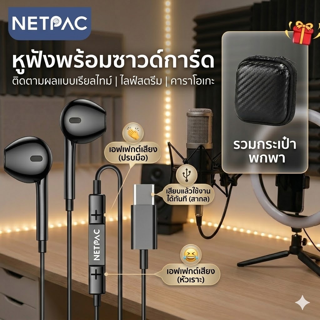 NETPAC H1 หูฟังอินเอียร์มีสาย ลดเสียงรบกวนอัจฉริยะ ฟังทันที (ขณะไลฟ์สด ...