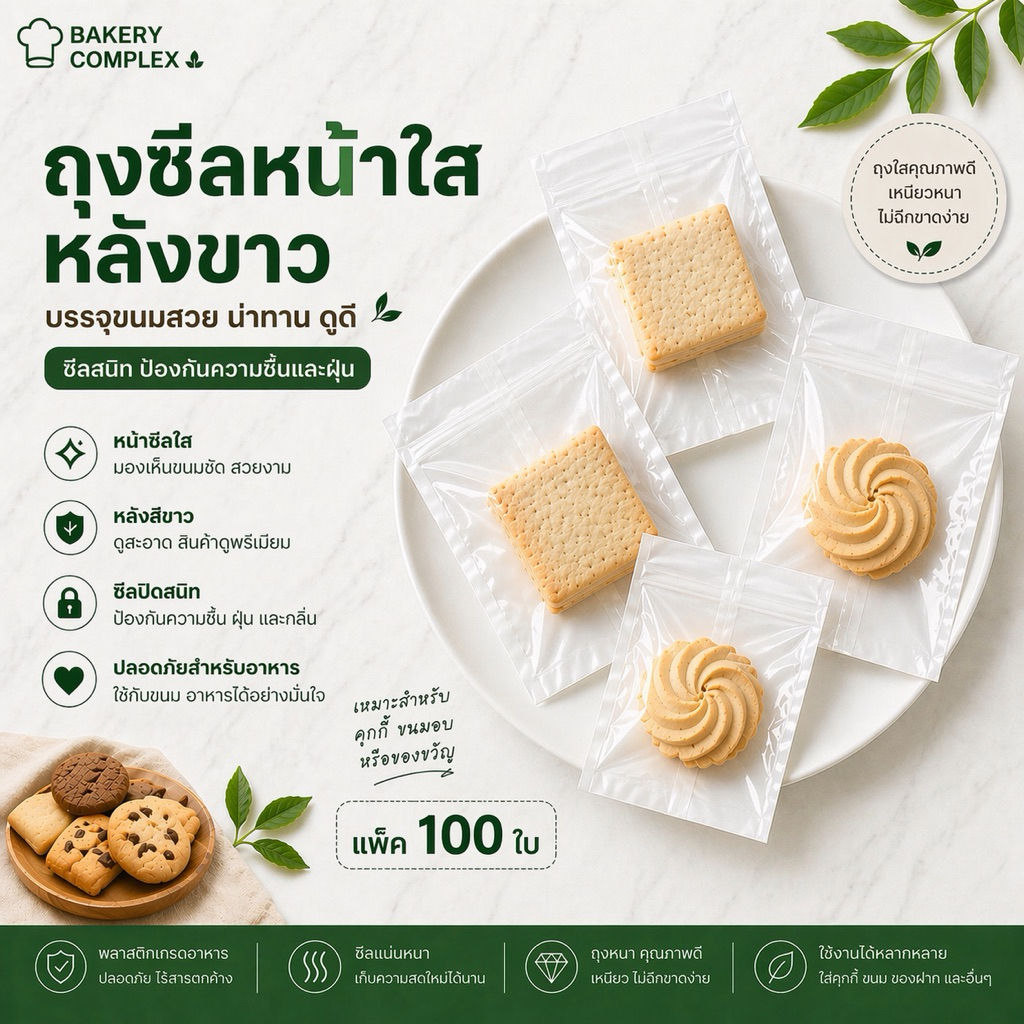 🚚ส่งฟรี ส่งทุกวัน🔥 ถุงซีลหน้าใสหลังขาว ซองซีลขนม คุกกี้ เบเกอรี่ ซีลแน่น กันชื้น Food Grade ใส่ขนมสวย (100 ใบ) JW