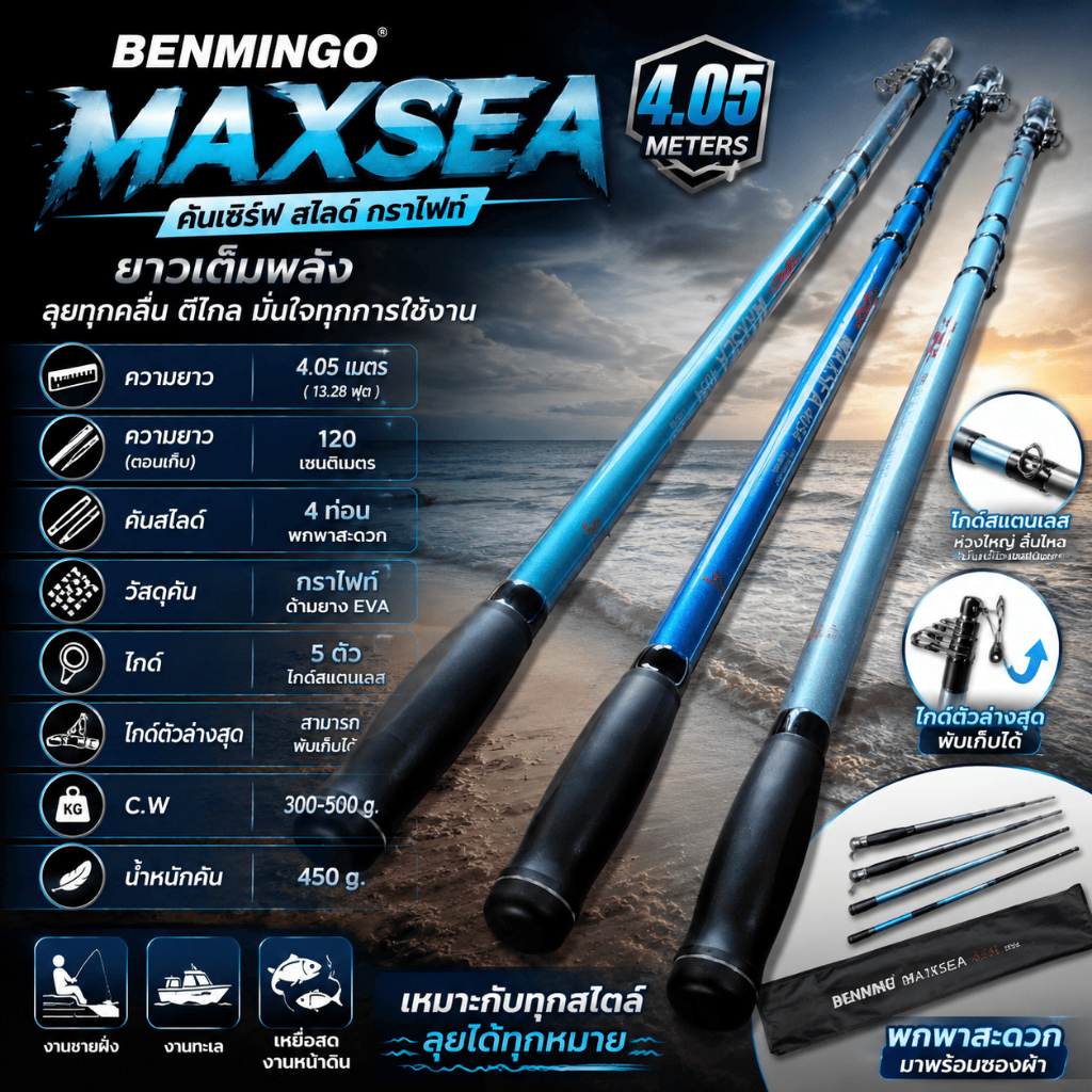 [ ของแท้ ] คันเซิร์ฟ สไลด์ กราไฟท์ BENMINGO MAXSEA แม็กซี 4054 ยาว 4 ...