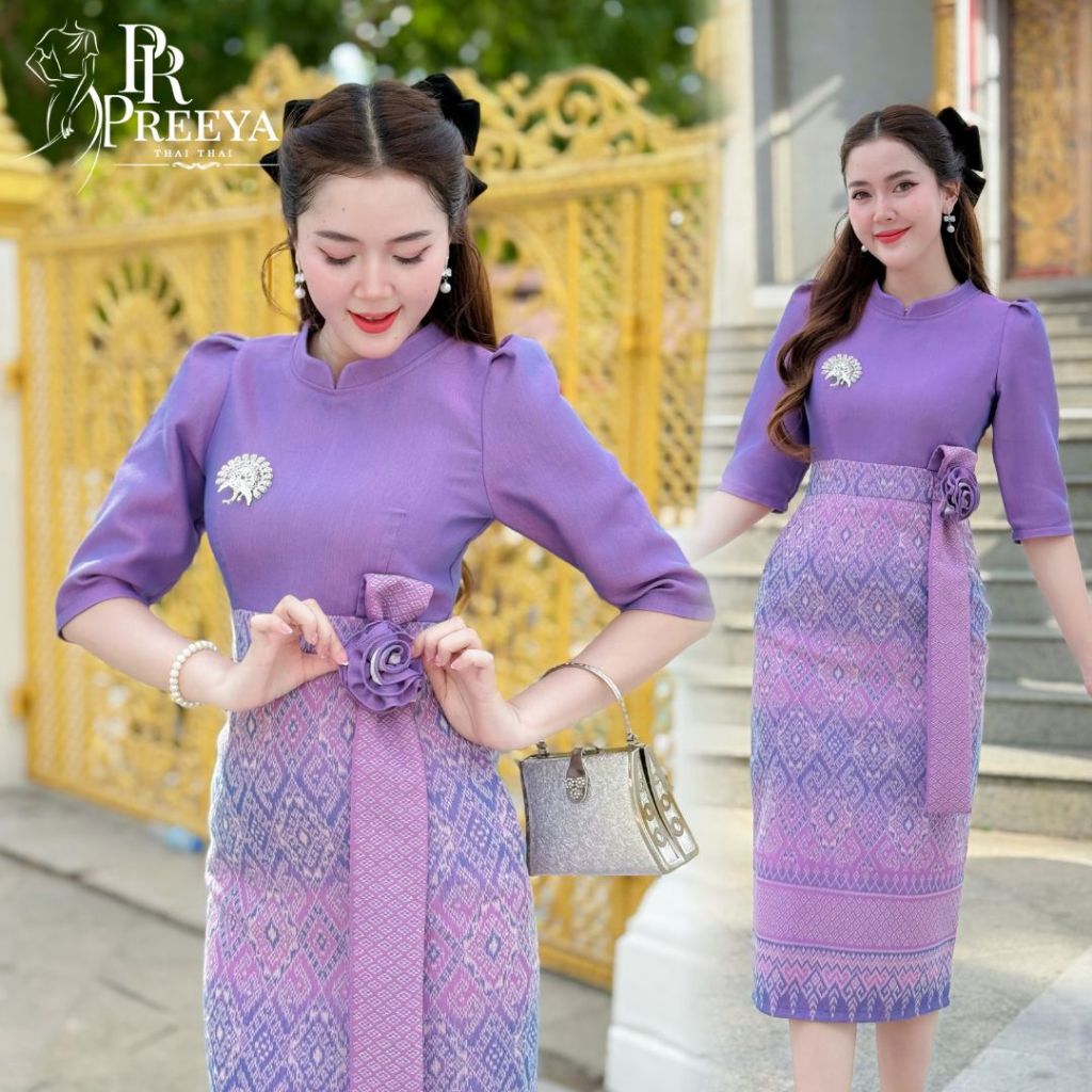 PR185 ชุดเดรสผ้าทอมัดหมี่ฝ้ายคราม ใส่สบาย ทรงสวย ไซส์ S-2XL แบรนด์ Preeya มุมมองที่ 4