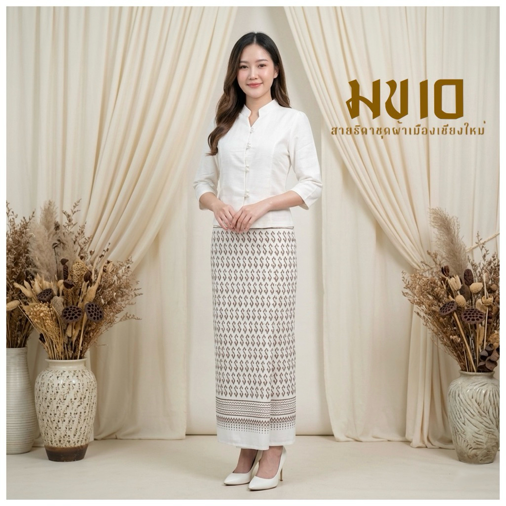 ชุดพื้นเมืองประยุกต์สีขาวทรงคอจีนคล้ายจิตรลดา ผ้าฝ้ายนิ่ม ใส่สบาย งานบุญ งานมงคล มุมมองที่ 3