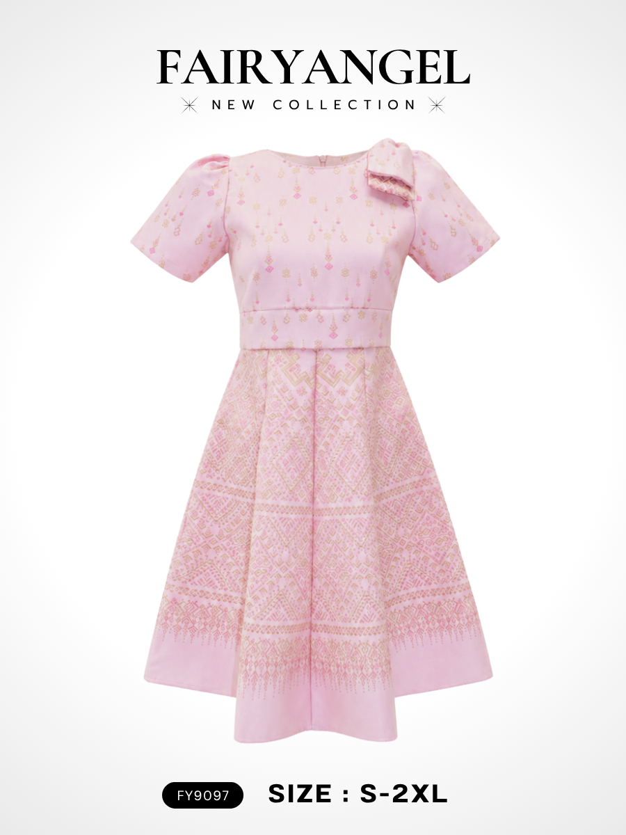 เดรสผ้าไทยทรงบานคอกลม FY9097 สีชมพู-ขาว ไซส์ S-5XL พร้อมส่ง Fairyangelstore มุมมองที่ 4