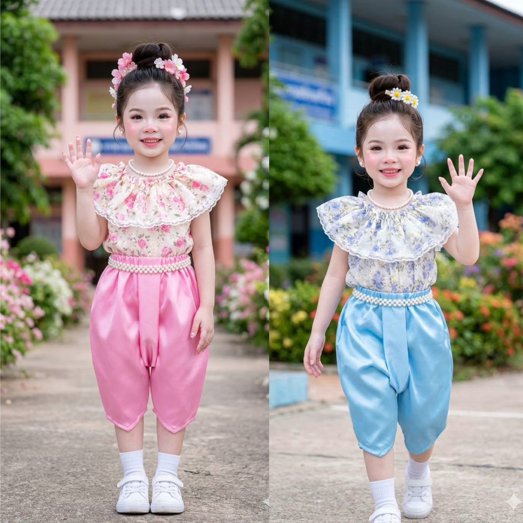 ชุดไทยเด็กผู้หญิงคอระบายลูกไม้ใส่ทำบุญไปโรงเรียนน่ารักสุดๆ ไซส์ S-XL