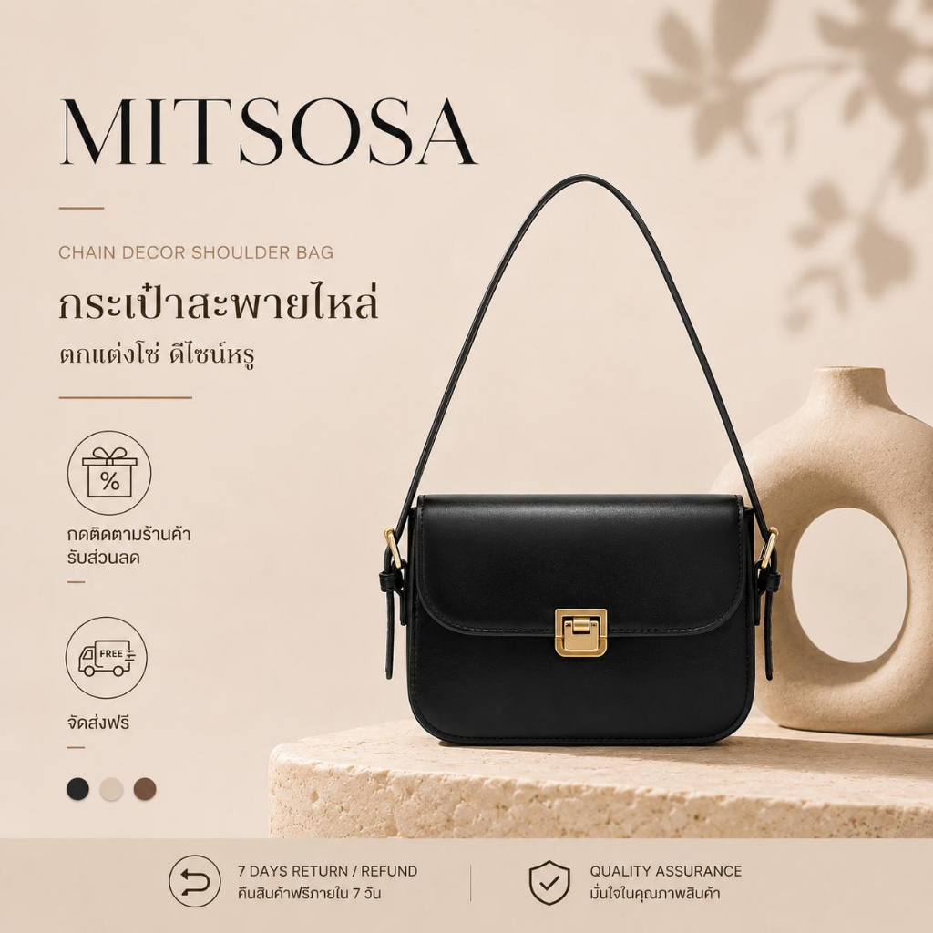 MITSOSA Kallys กระเป๋าสะพายไหล่แฟชั่นยอดนิยม สไตล์เรียบหรู กระเป๋าสะพายไหล่ผู้หญิง​ ​แข็งแรงทนทาน ​จุของได้มาก​