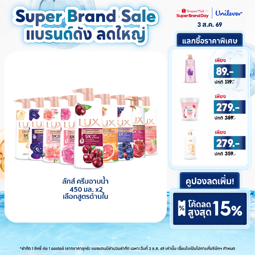 [แพ็คคู่] ลักส์ ครีมอาบน้ำ 5Xกลูต้าเอสเซนส์ ผิวโกลว์ใส แพ๊คคู่ 450 มล. (เลือกสูตรด้านใน) Lux Body Wash 450ml