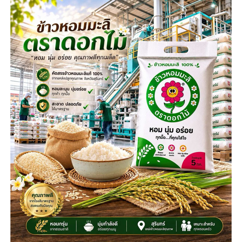 ข้าวหอมมะลิท่อน ซาห้อ ยีจ้อ กข.15 พื้นอีสาน โรงสีชุมชน หน้าข้าวไม่สวยมาก แต่ ข้าวกินนิ่ม อร่อย ขนาด4กิโลกรัม  ตราดอกไม้