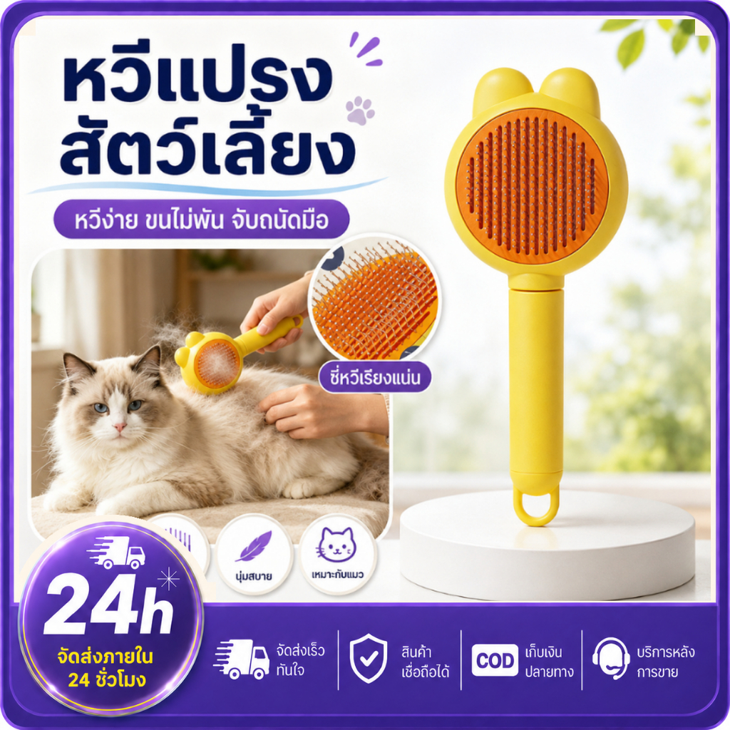PETWELL หวีกำจัดขน แปรงขนแมวและสุนัข กดทำความสะอาด