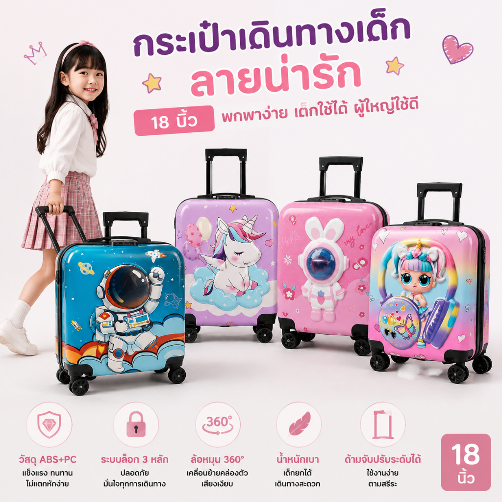 18 นิ้ว กระเป๋าเดินทางเด็ก ล้อลากสำหรับเด็ก ดีไซน์น่ารัก น้ำหนักเบา แข็งแรง ทนทาน เหมาะสำหรับเดินทาง ท่องเที่ยว โรงเรียน