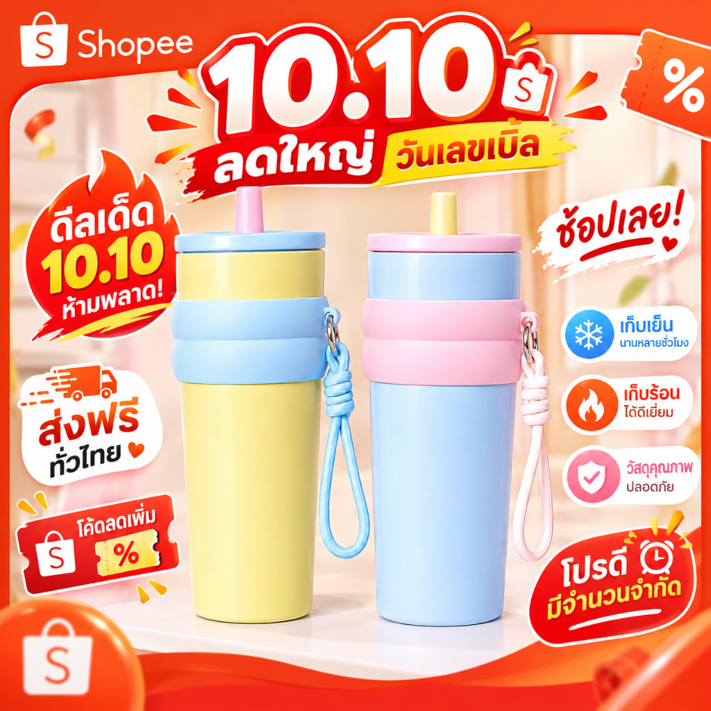 【โปร 10.10🔥】กระบอกน้ำสแตนเลส 316 เคลือบเซรามิก เก็บอุณหภูมิร้อน-เย็น นาน 10 ชม. พร้อมหลอด เก็บอุณหภูมิได้นาน