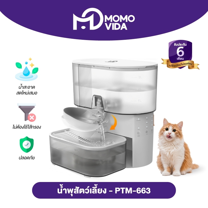 MOMOVIDA น้ำพุสัตว์เลี้ยงอัตโนมัติ น้ำพุแมวไร้สาย
